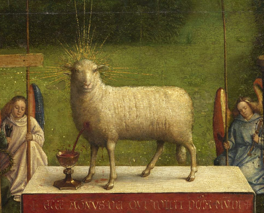 Lamb (detail), Adoration of the Mystic Lamb, bottom center panel, Jan van Eyck, Ghent Altarpiece, completed 1432, oil on wood, 11 feet 5 inches x 15 feet 1 inch (open), Saint Bavo Cathedral, Ghent, Belgium (photo: Closer to Van Eyck)